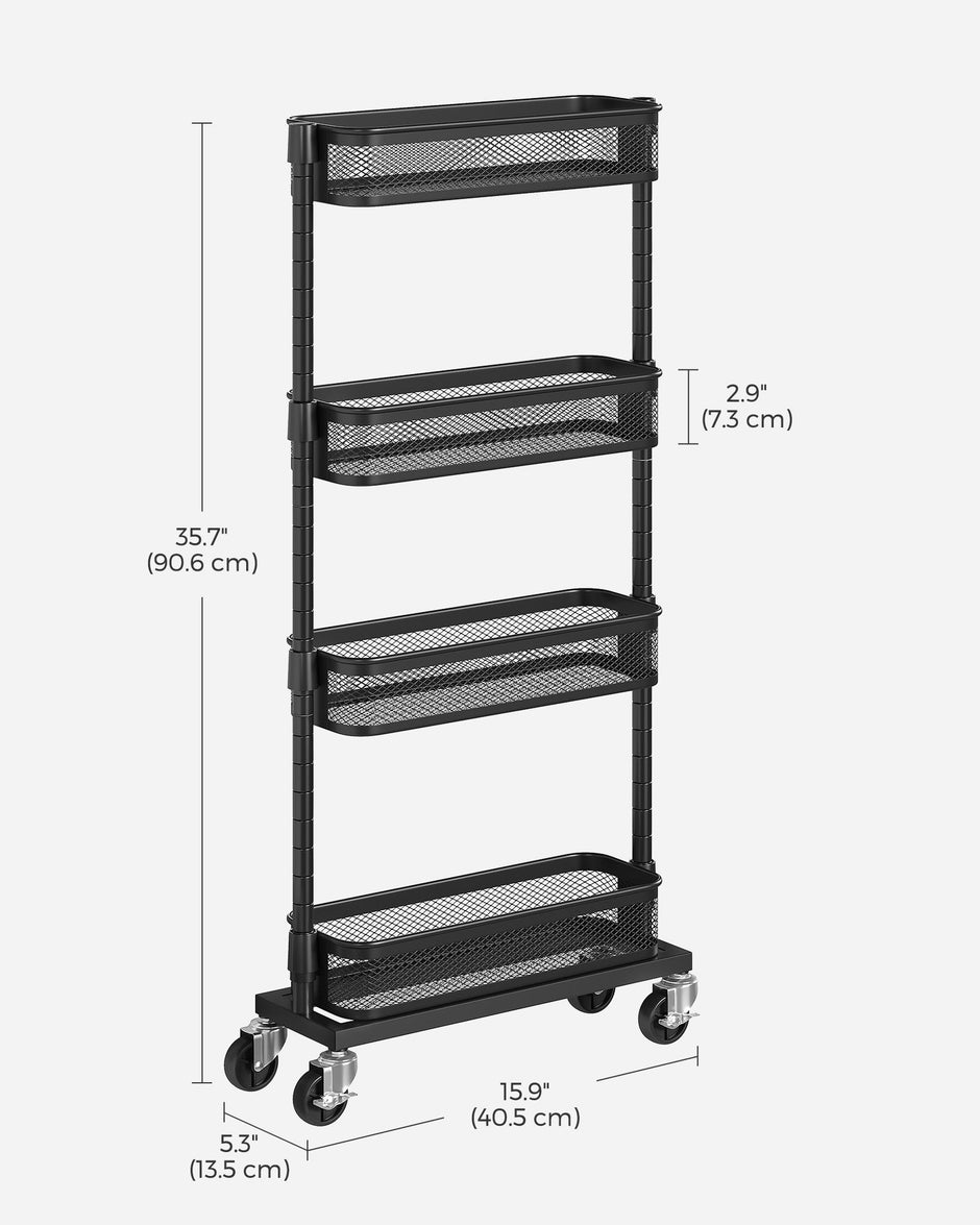 Slide-Out Household Trolley – Metal – Ink Black – Space Saving with 4 Wire Baskets