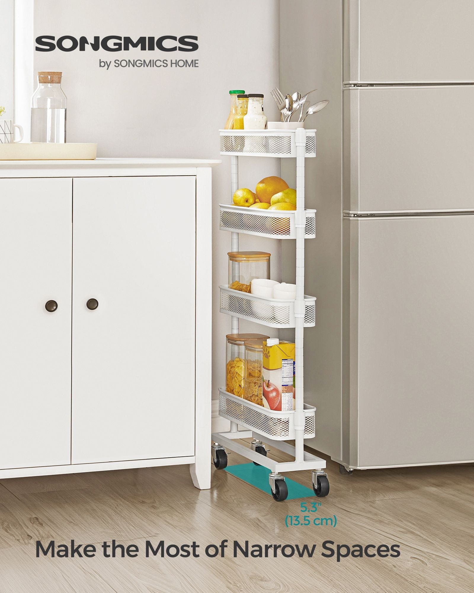 Slide-Out Trolley – Metal – Cloud White – Space Saving with 4 Wire Baskets