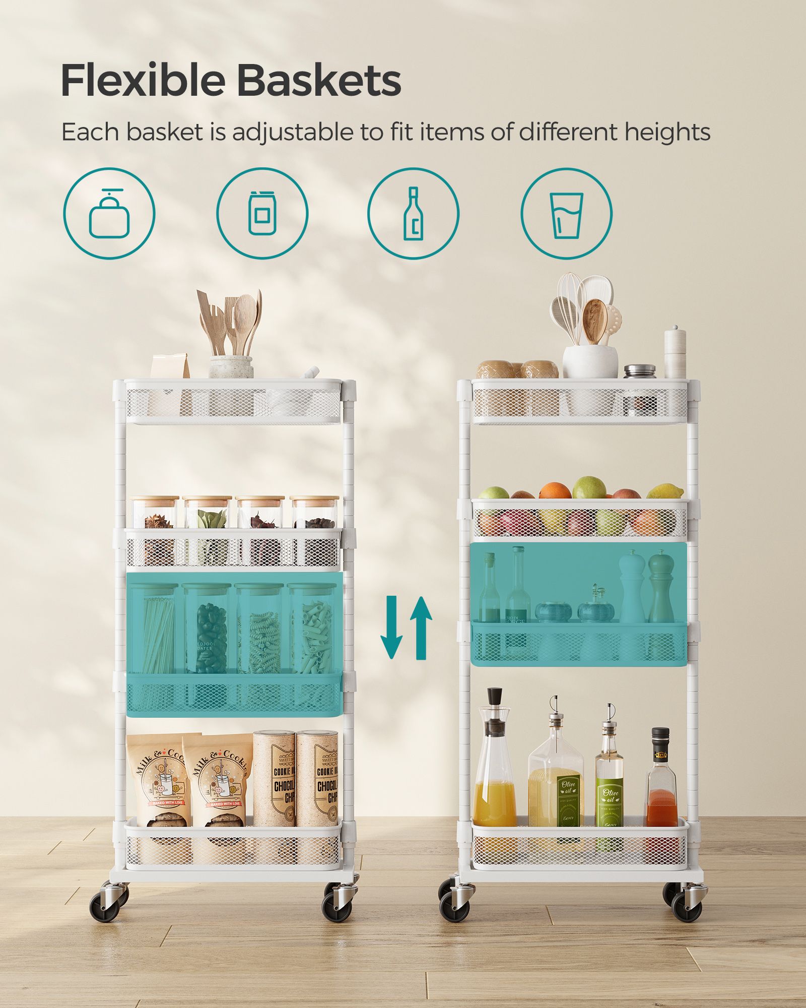 Slide-Out Trolley – Metal – Cloud White – Space Saving with 4 Wire Baskets