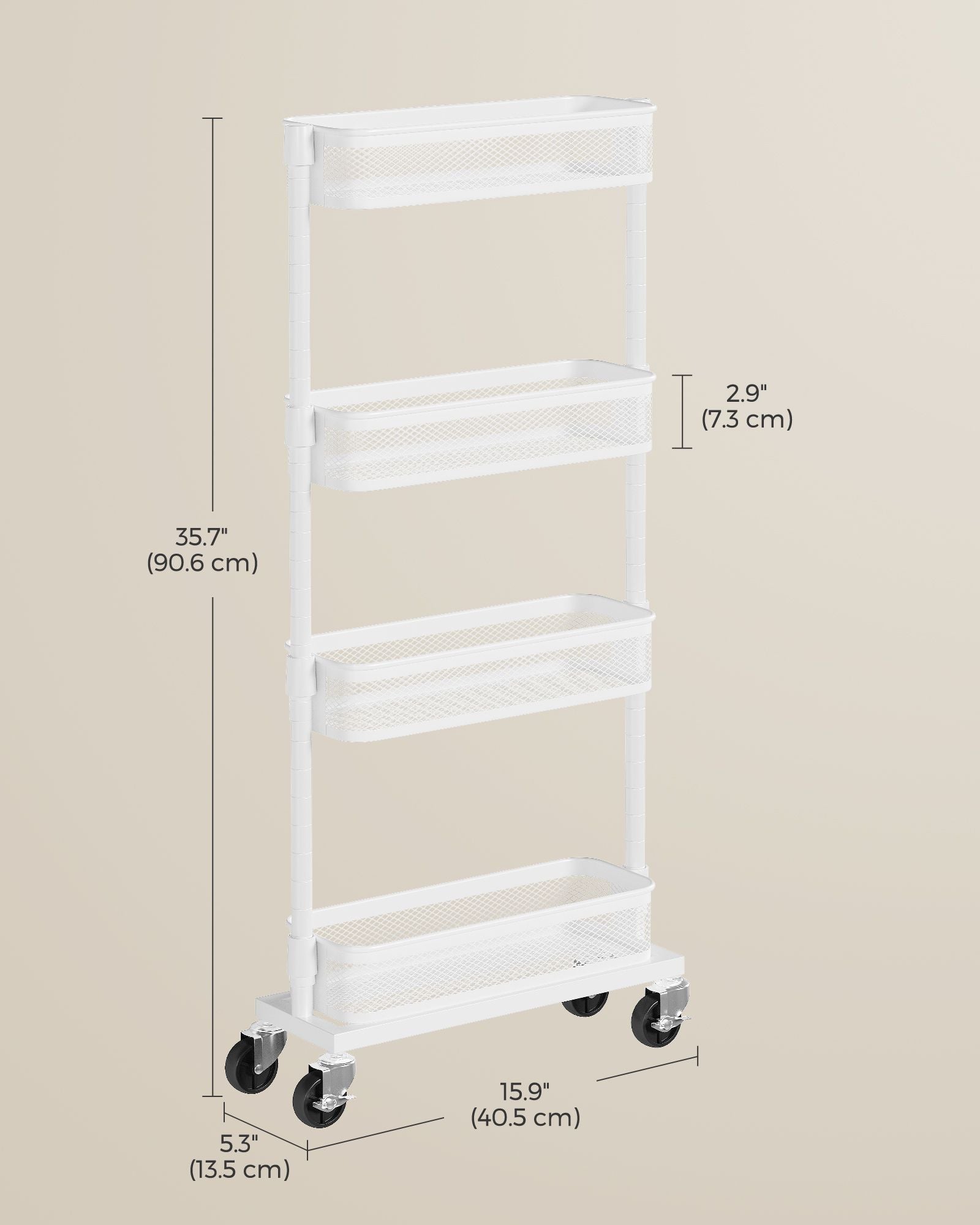Slide-Out Trolley – Metal – Cloud White – Space Saving with 4 Wire Baskets