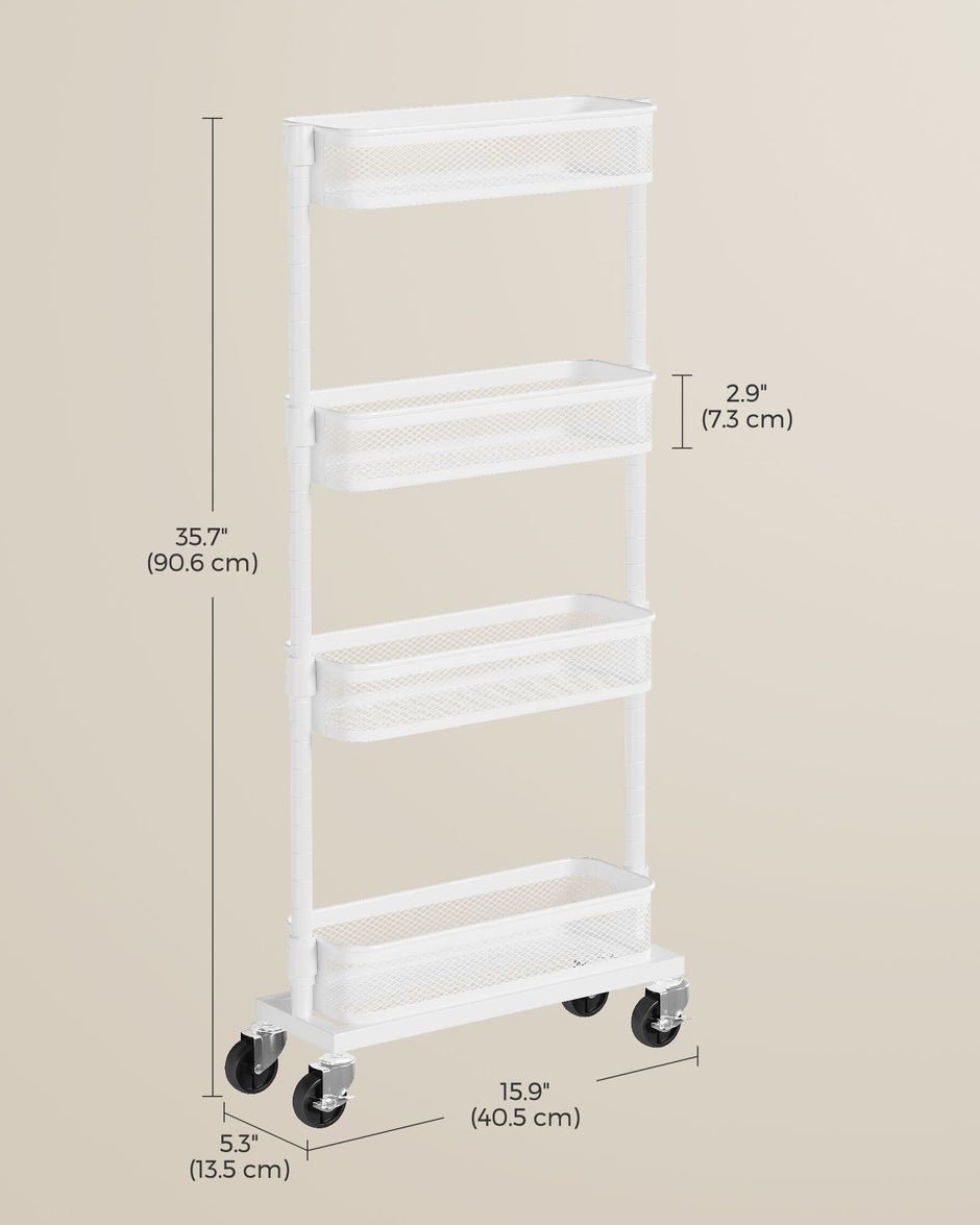 Slide-Out Trolley – Metal – Cloud White – Space Saving with 4 Wire Baskets