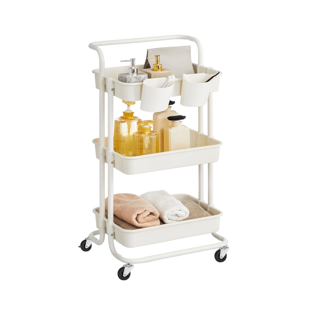 Storage Trolley – Steel Frame and Plastic Baskets – Black – 3-Tier with Handle and Organisers