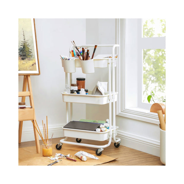 Storage Trolley – Steel Frame and Plastic Baskets – Black – 3-Tier with Handle and Organisers