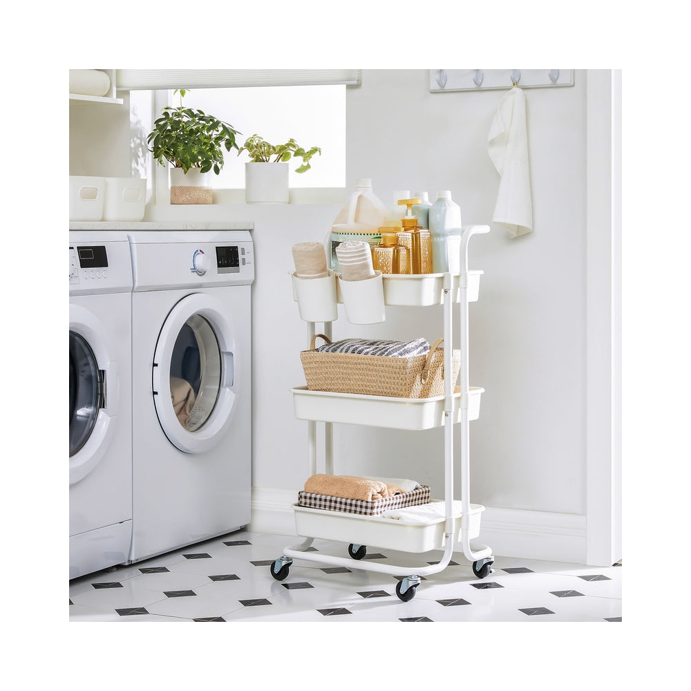 Storage Trolley – Steel Frame and Plastic Baskets – Black – 3-Tier with Handle and Organisers