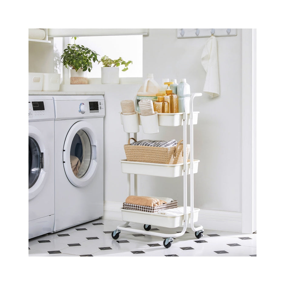 Storage Trolley – Steel Frame and Plastic Baskets – Black – 3-Tier with Handle and Organisers