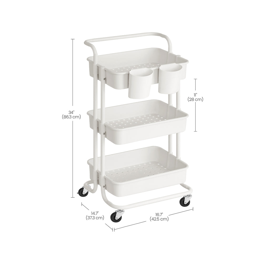 Storage Trolley – Steel Frame and Plastic Baskets – Black – 3-Tier with Handle and Organisers