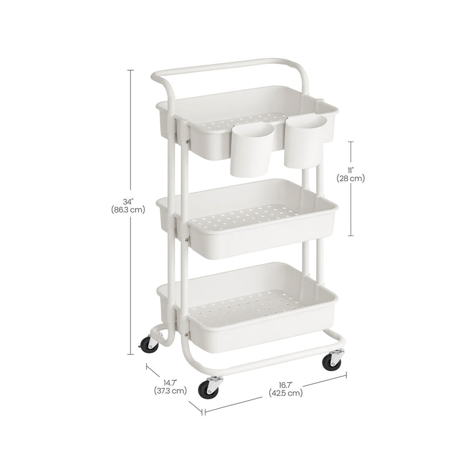 Storage Trolley – Steel Frame and Plastic Baskets – Black – 3-Tier with Handle and Organisers