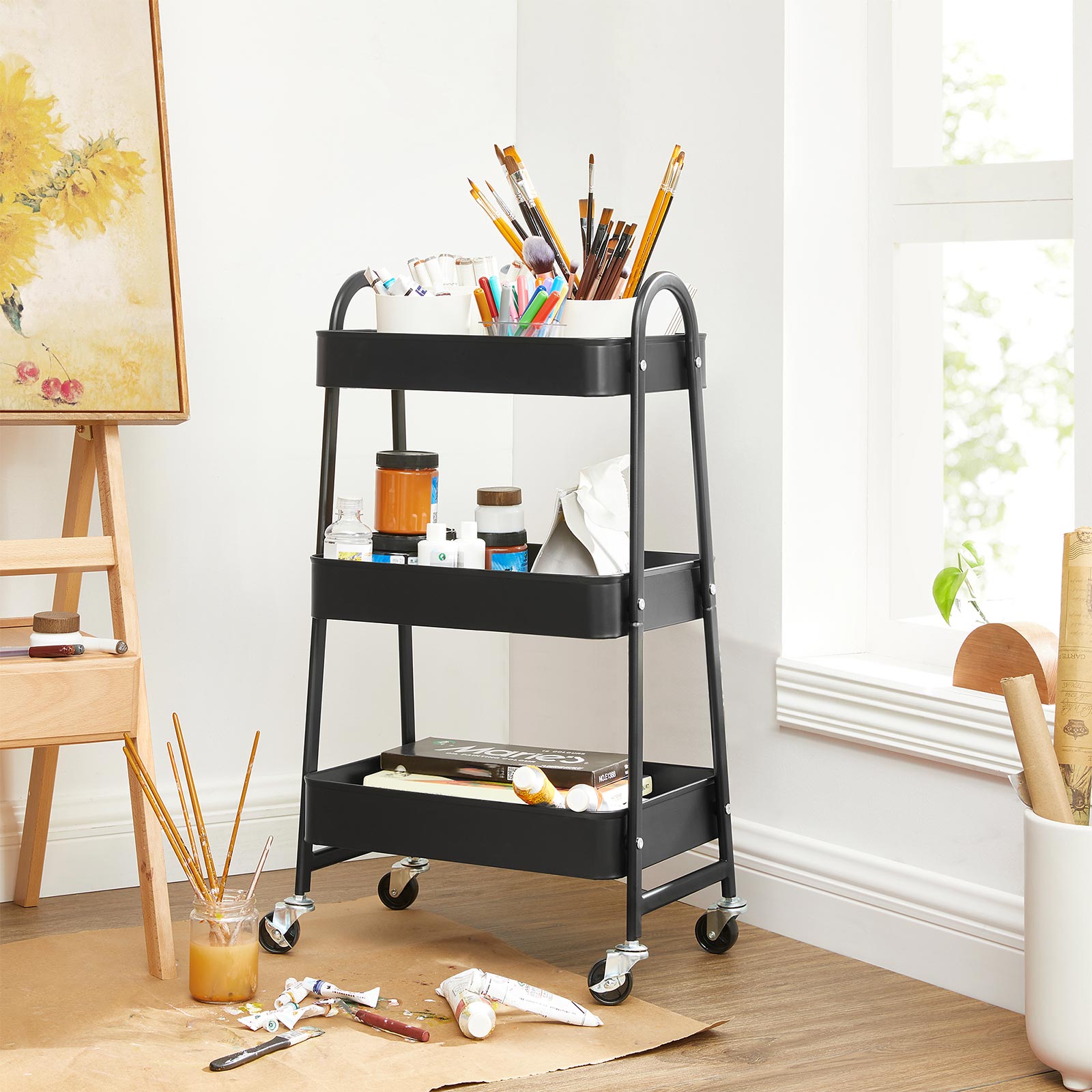 3-Tier Rolling Cart – Metal – Black – Kitchen Storage Trolley with Handles and Brakes
