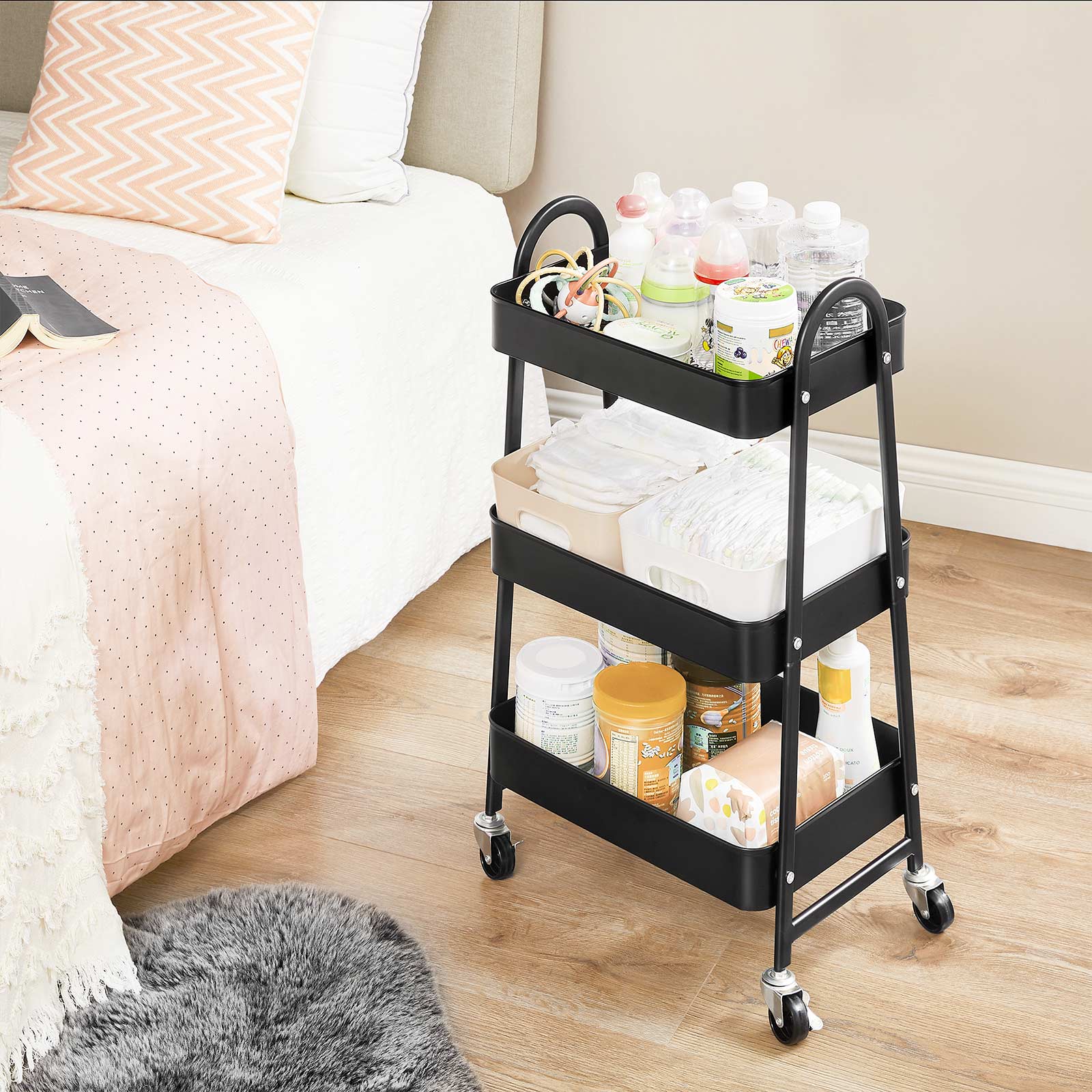 3-Tier Rolling Cart – Metal – Black – Kitchen Storage Trolley with Handles and Brakes