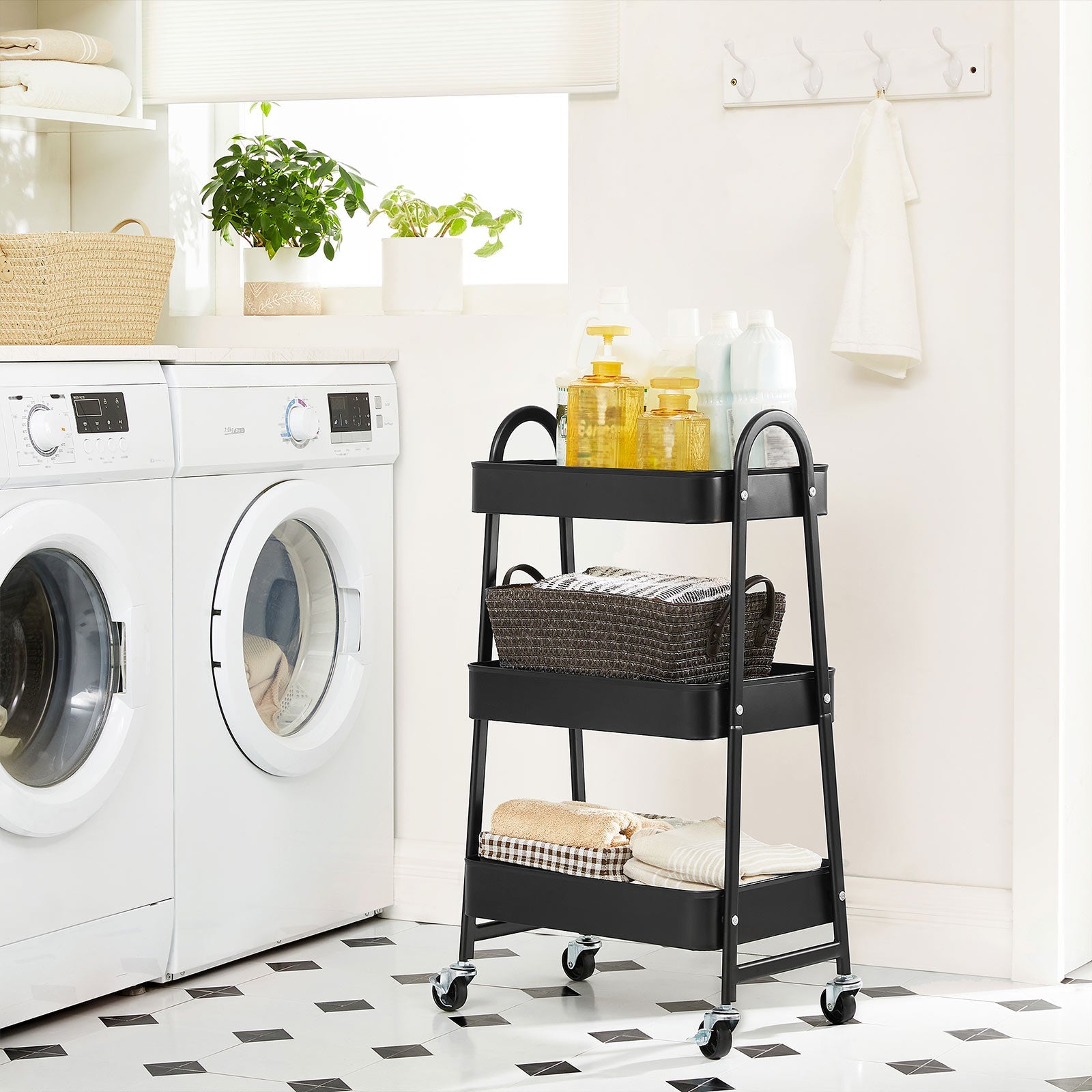 3-Tier Rolling Cart – Metal – Black – Kitchen Storage Trolley with Handles and Brakes