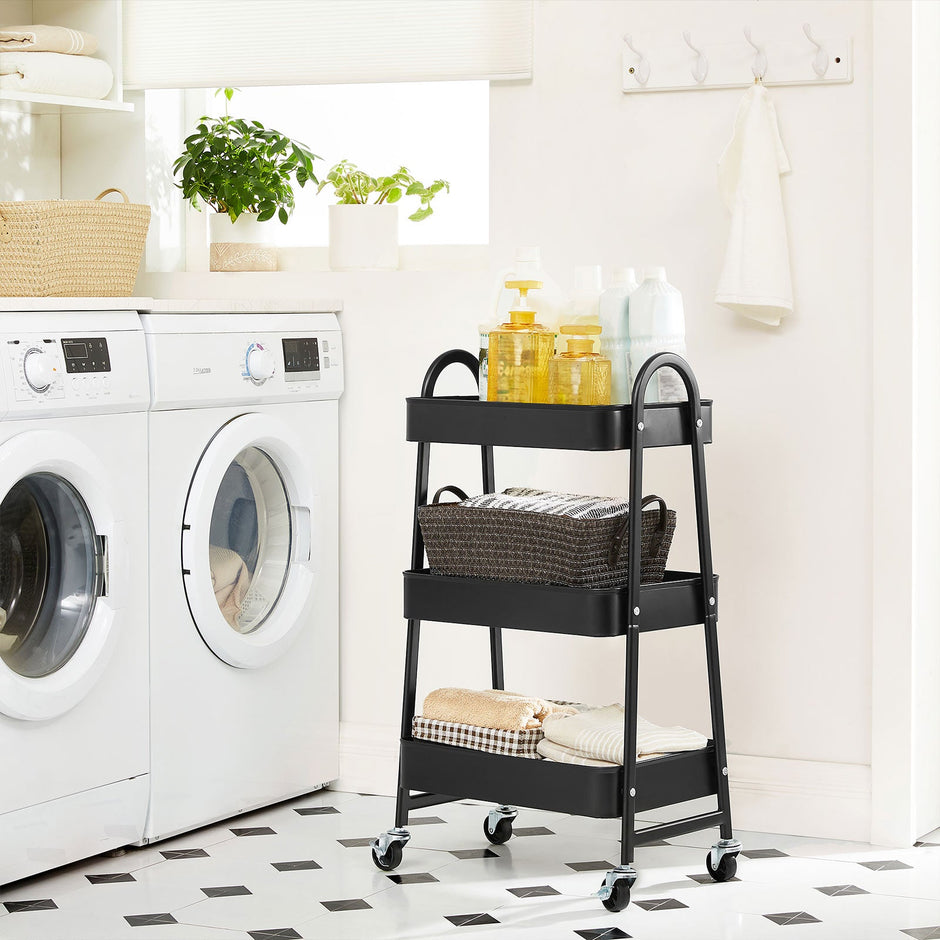 3-Tier Rolling Cart – Metal – Black – Kitchen Storage Trolley with Handles and Brakes