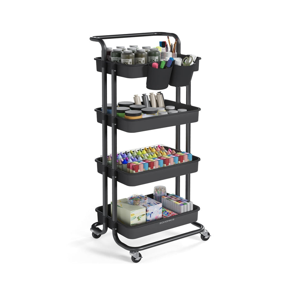 4-Tier Rolling Storage Cart – Steel Frame & Plastic Baskets – Black – Includes Handle and Organisers