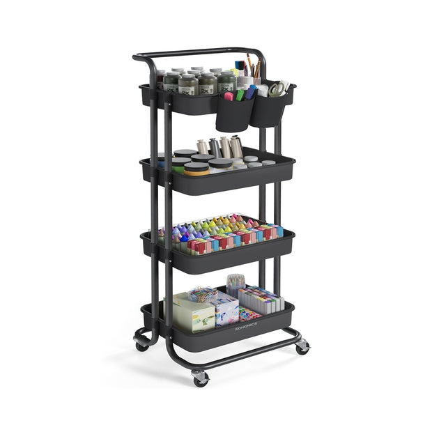 4-Tier Rolling Storage Cart – Steel Frame & Plastic Baskets – Black – Includes Handle and Organisers
