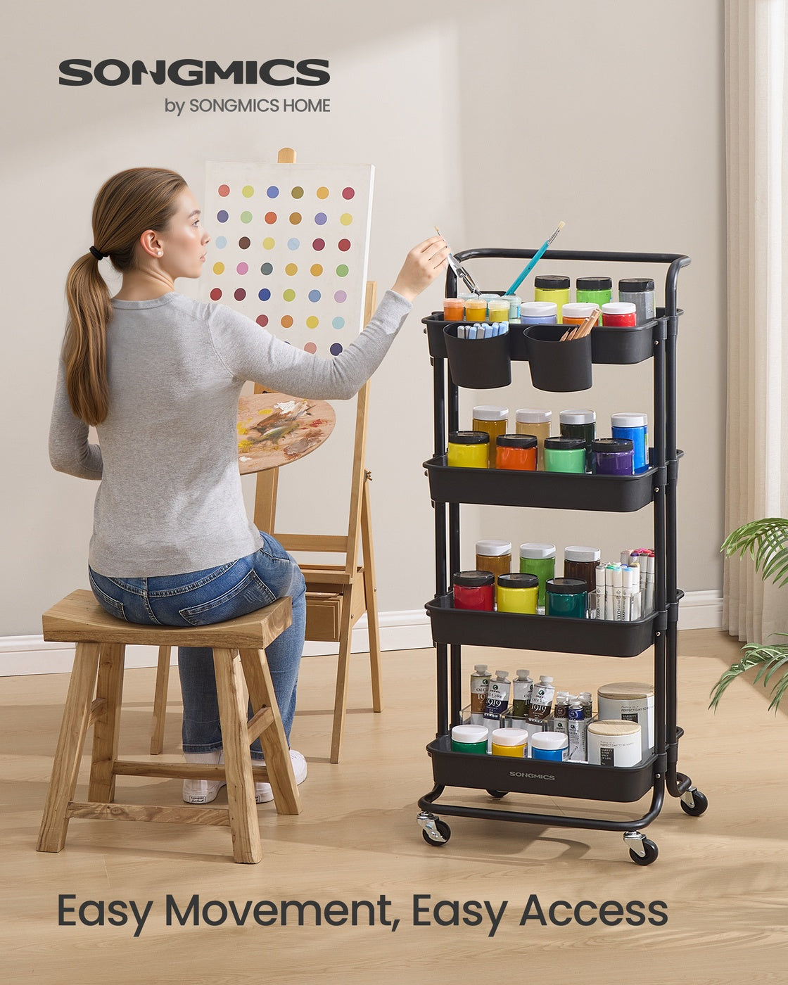 4-Tier Rolling Storage Cart – Steel Frame & Plastic Baskets – Black – Includes Handle and Organisers