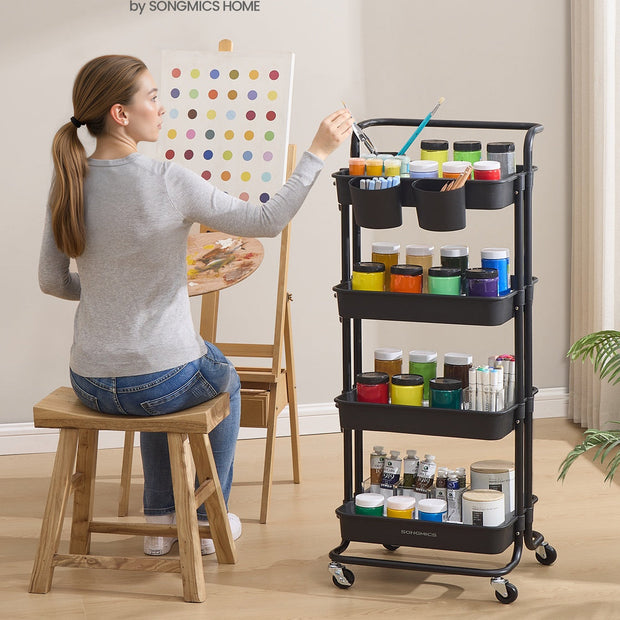 4-Tier Rolling Storage Cart – Steel Frame & Plastic Baskets – Black – Includes Handle and Organisers
