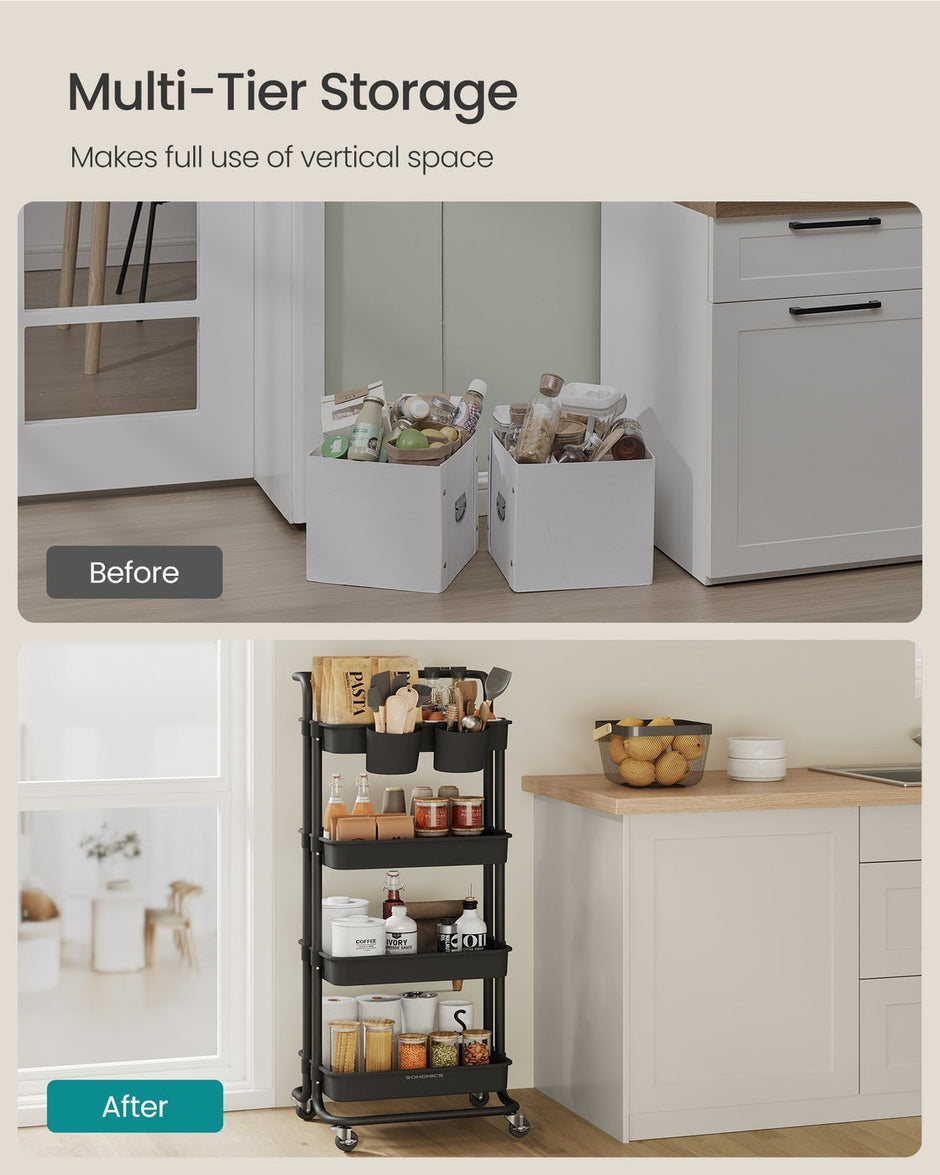 4-Tier Rolling Storage Cart – Steel Frame & Plastic Baskets – Black – Includes Handle and Organisers