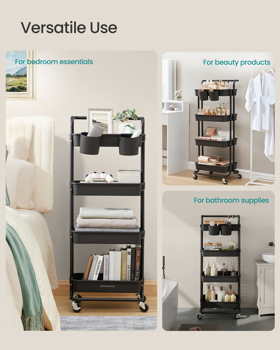 4-Tier Rolling Storage Cart – Steel Frame & Plastic Baskets – Black – Includes Handle and Organisers