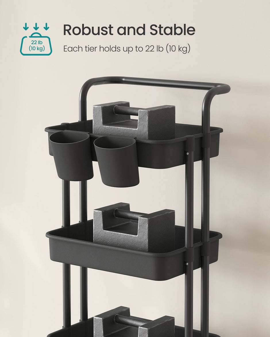4-Tier Rolling Storage Cart – Steel Frame & Plastic Baskets – Black – Includes Handle and Organisers