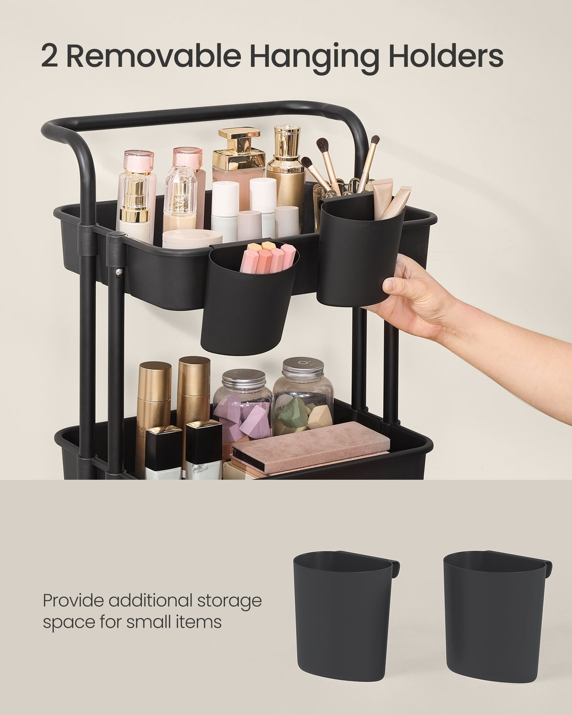 4-Tier Rolling Storage Cart – Steel Frame & Plastic Baskets – Black – Includes Handle and Organisers