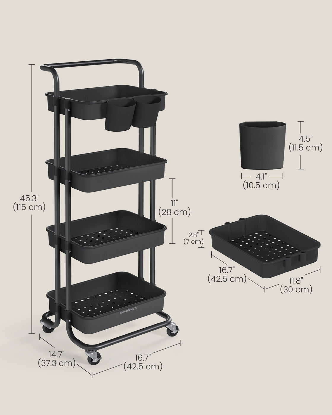 4-Tier Rolling Storage Cart – Steel Frame & Plastic Baskets – Black – Includes Handle and Organisers