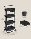 4-Tier Rolling Storage Cart – Steel Frame & Plastic Baskets – Black – Includes Handle and Organisers