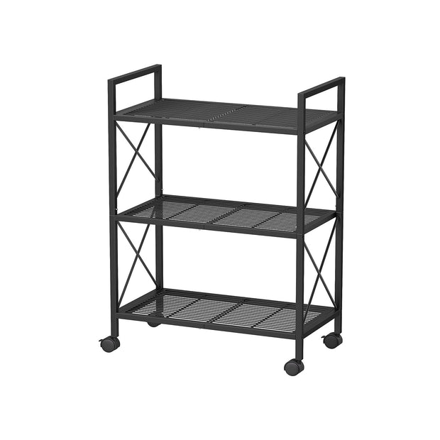 3-Tier Metal Shelving Unit – Metal – Ink Black – Mobile with X Side Frames