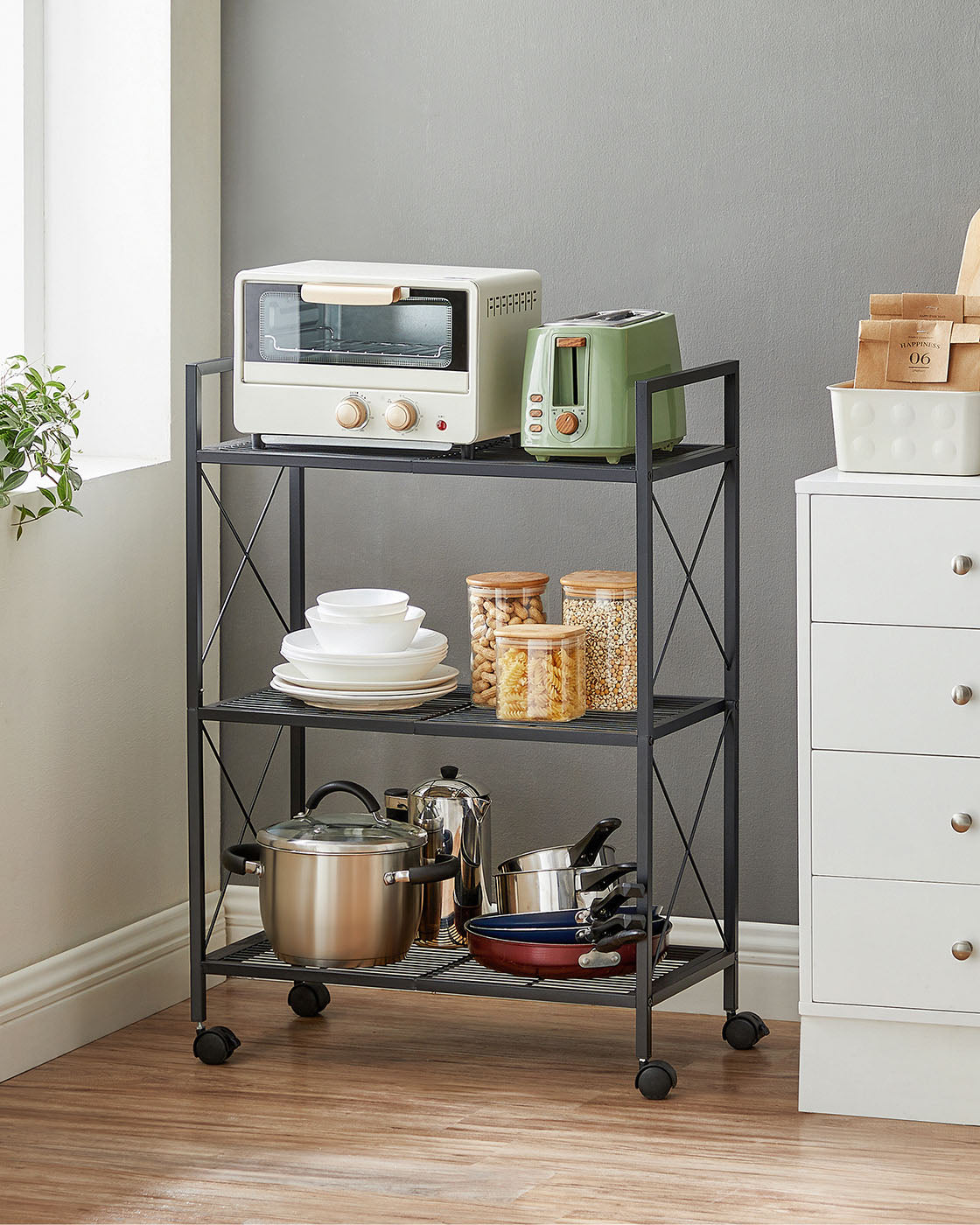 3-Tier Metal Shelving Unit – Metal – Ink Black – Mobile with X Side Frames