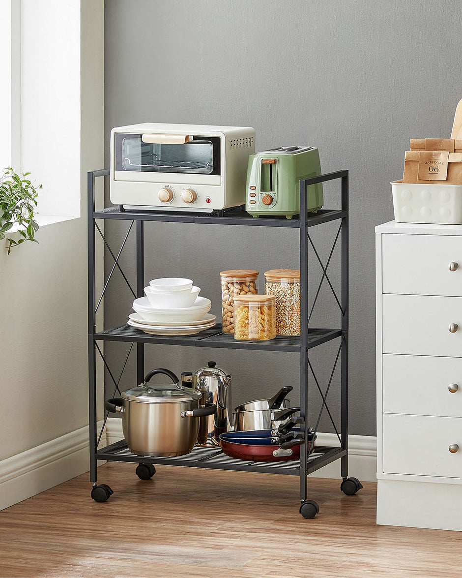 3-Tier Metal Shelving Unit – Metal – Ink Black – Mobile with X Side Frames