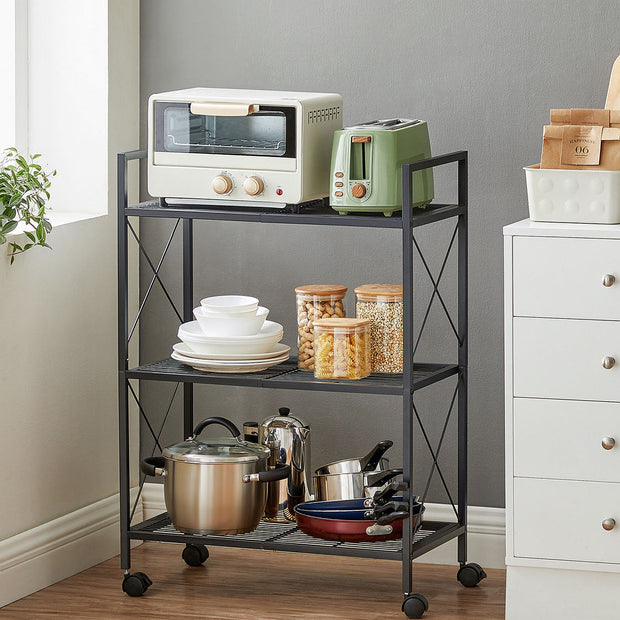 3-Tier Metal Shelving Unit – Metal – Ink Black – Mobile with X Side Frames