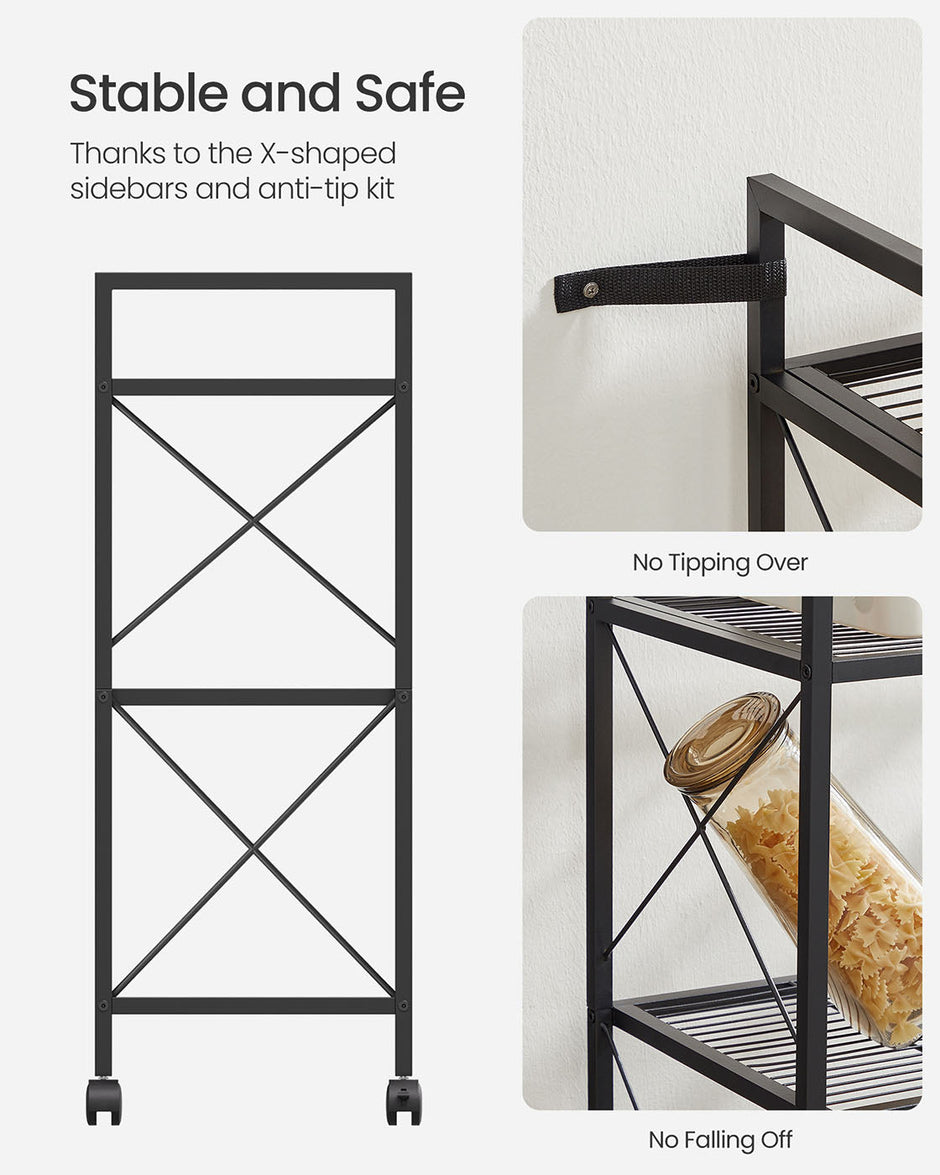 3-Tier Metal Shelving Unit – Metal – Ink Black – Mobile with X Side Frames