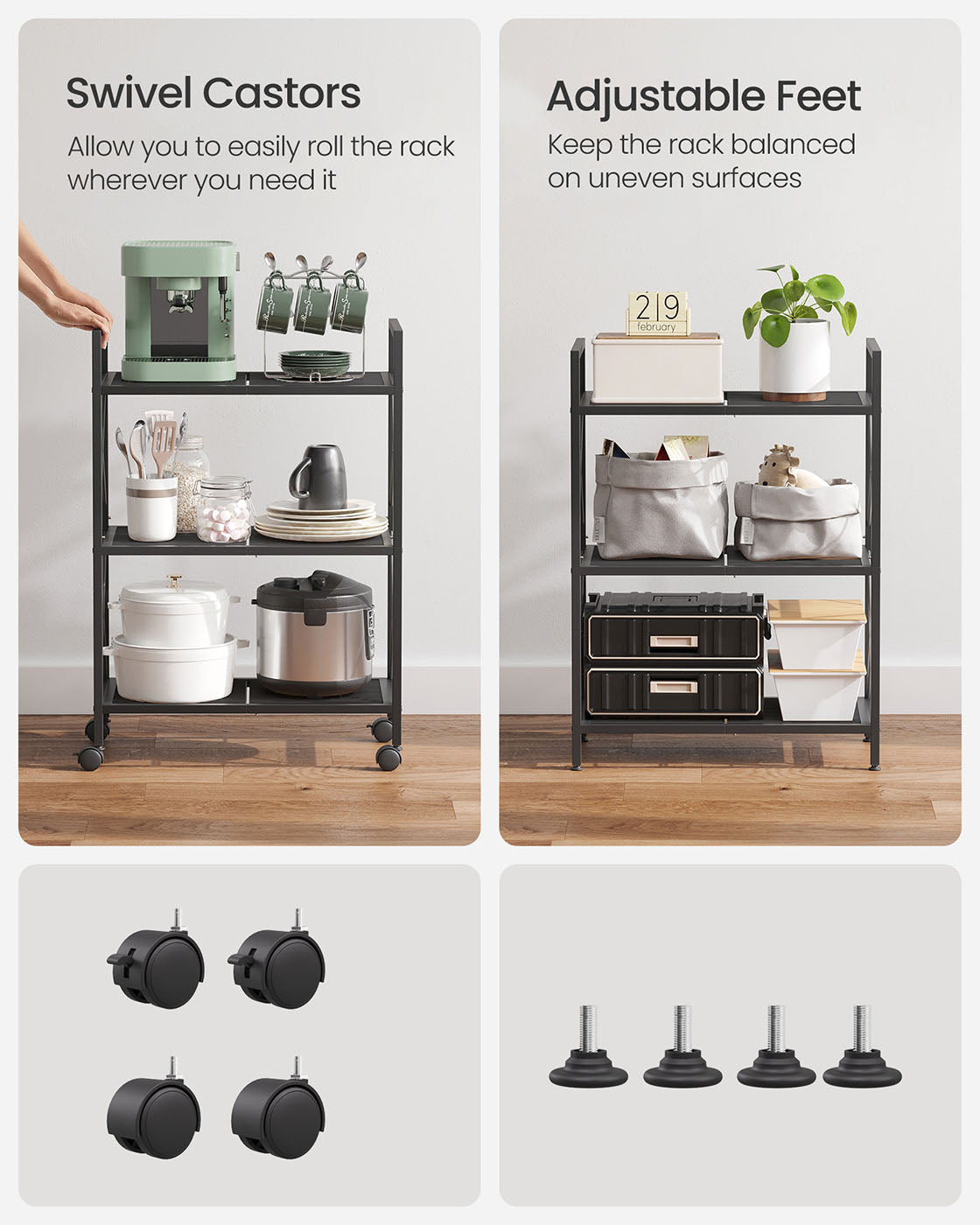 3-Tier Metal Shelving Unit – Metal – Ink Black – Mobile with X Side Frames