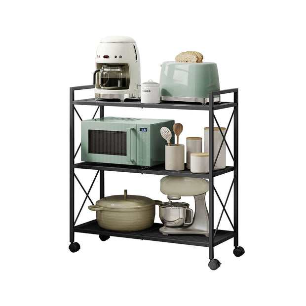 3-Tier Metal Shelving Unit – Metal – Ink Black – Mesh Storage Rack with Wheels