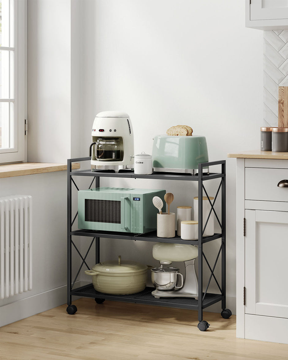 3-Tier Metal Shelving Unit – Metal – Ink Black – Mesh Storage Rack with Wheels