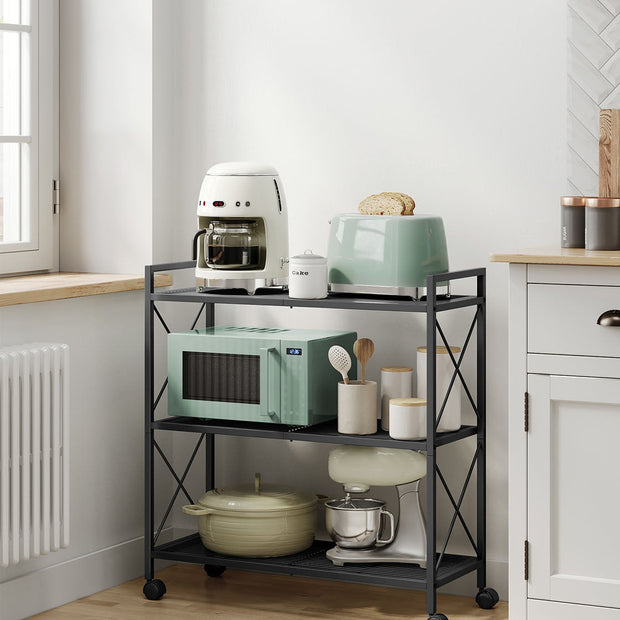 3-Tier Metal Shelving Unit – Metal – Ink Black – Mesh Storage Rack with Wheels