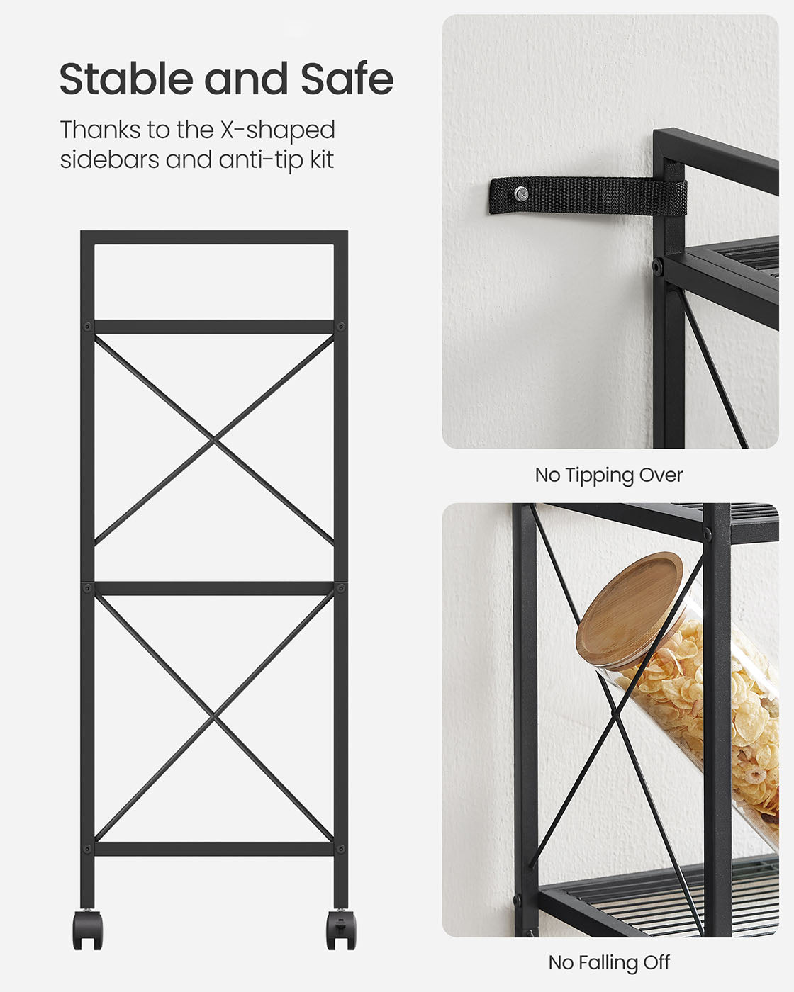 3-Tier Metal Shelving Unit – Metal – Ink Black – Mesh Storage Rack with Wheels