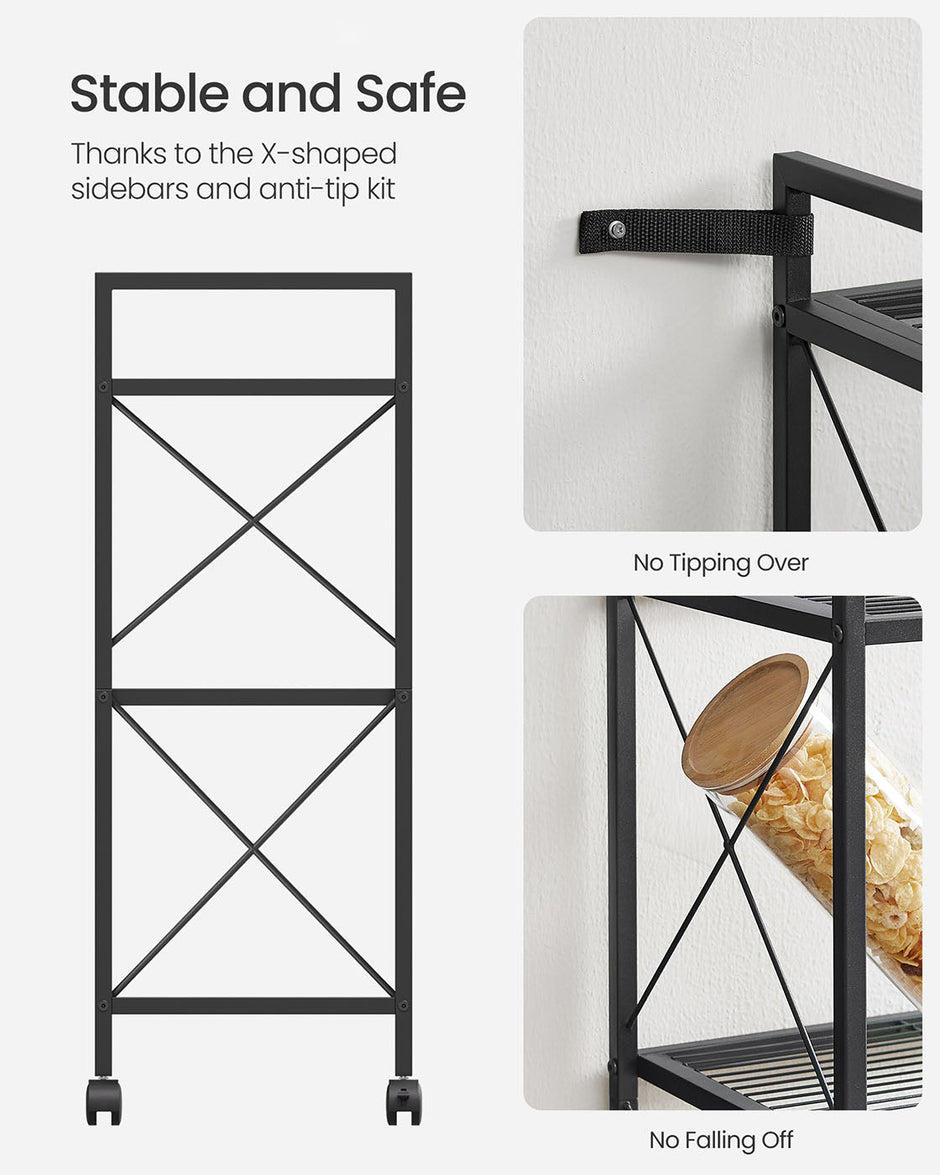 3-Tier Metal Shelving Unit – Metal – Ink Black – Mesh Storage Rack with Wheels
