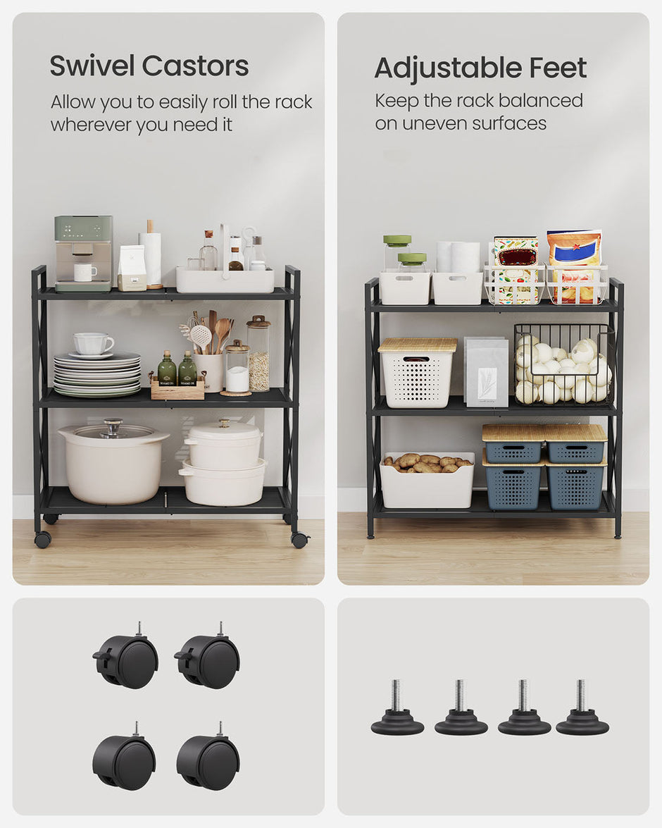 3-Tier Metal Shelving Unit – Metal – Ink Black – Mesh Storage Rack with Wheels