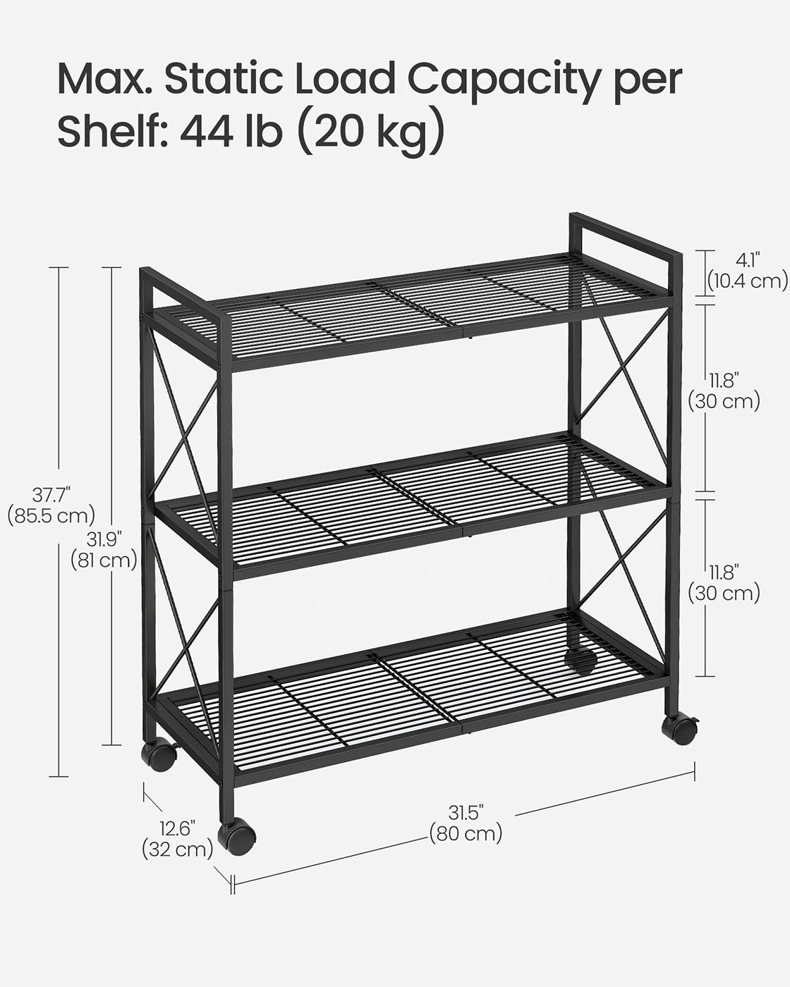 3-Tier Metal Shelving Unit – Metal – Ink Black – Mesh Storage Rack with Wheels