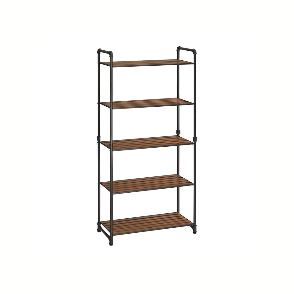 5-Tier Storage Rack – Wood and Metal – Rustic Brown and Ink Black – Adjustable Shelves
