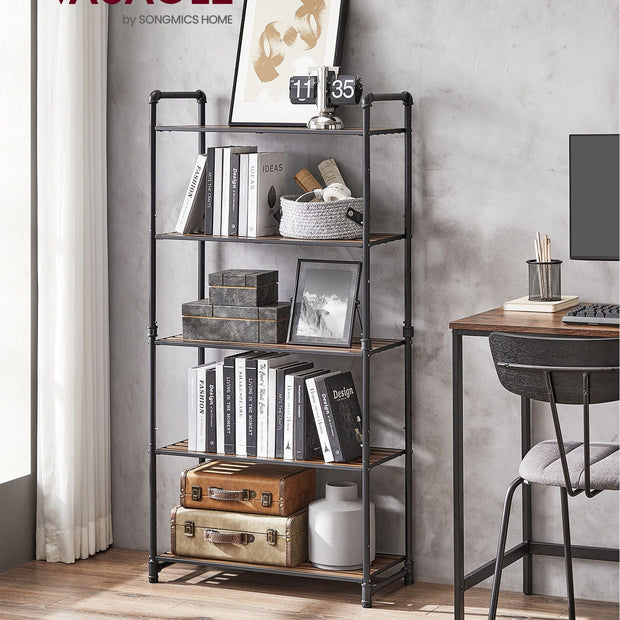 5-Tier Storage Rack – Wood and Metal – Rustic Brown and Ink Black – Adjustable Shelves
