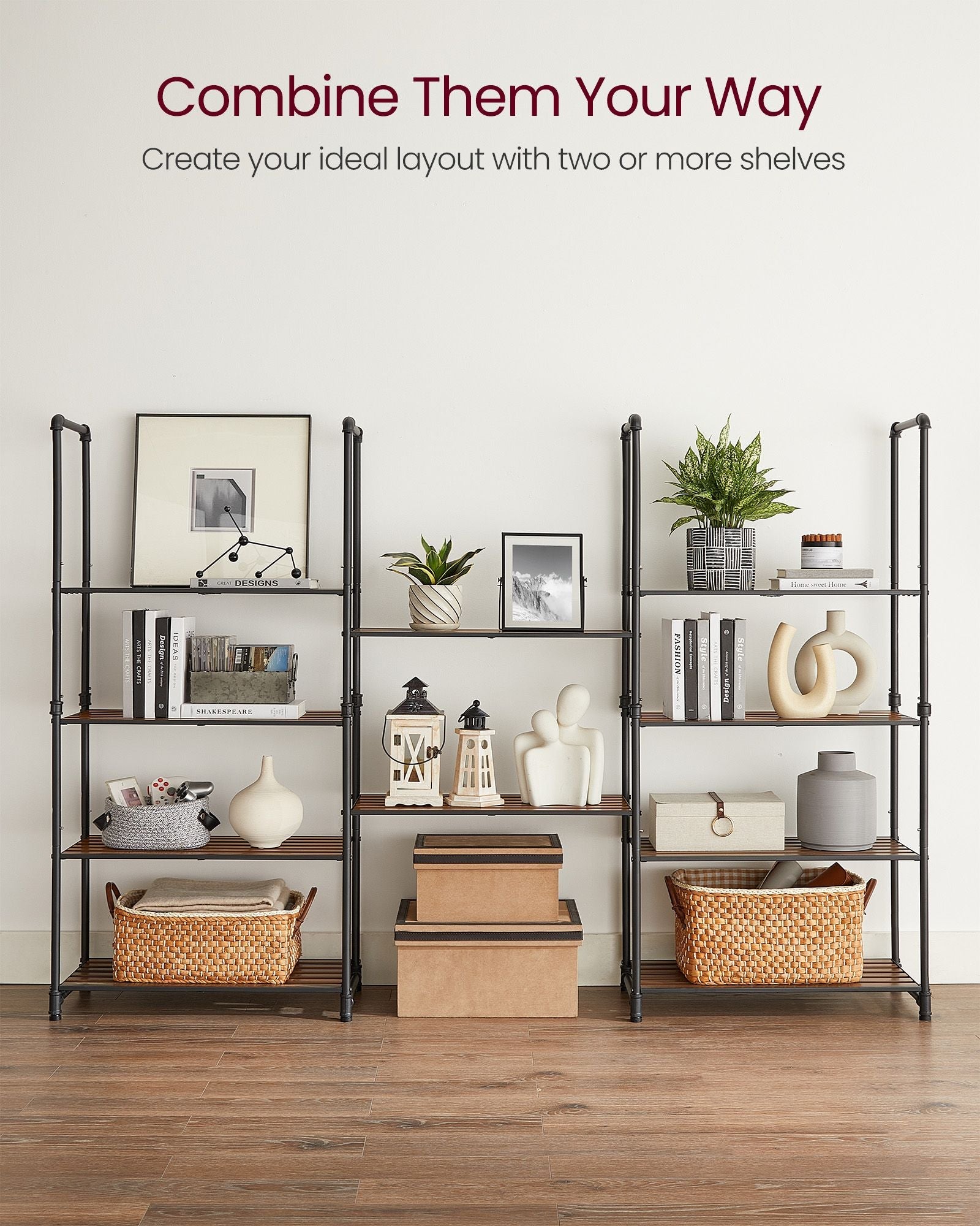 5-Tier Storage Rack – Wood and Metal – Rustic Brown and Ink Black – Adjustable Shelves