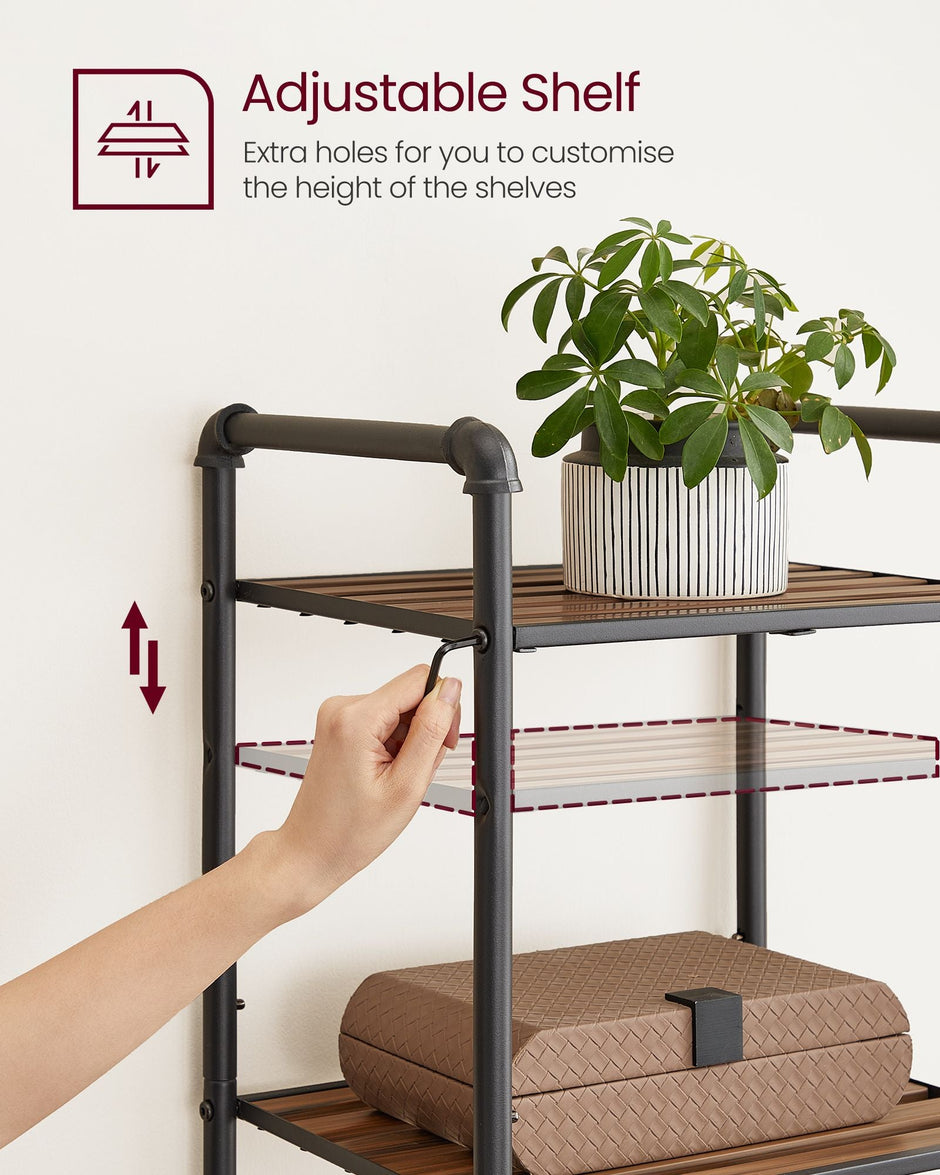 5-Tier Storage Rack – Wood and Metal – Rustic Brown and Ink Black – Adjustable Shelves