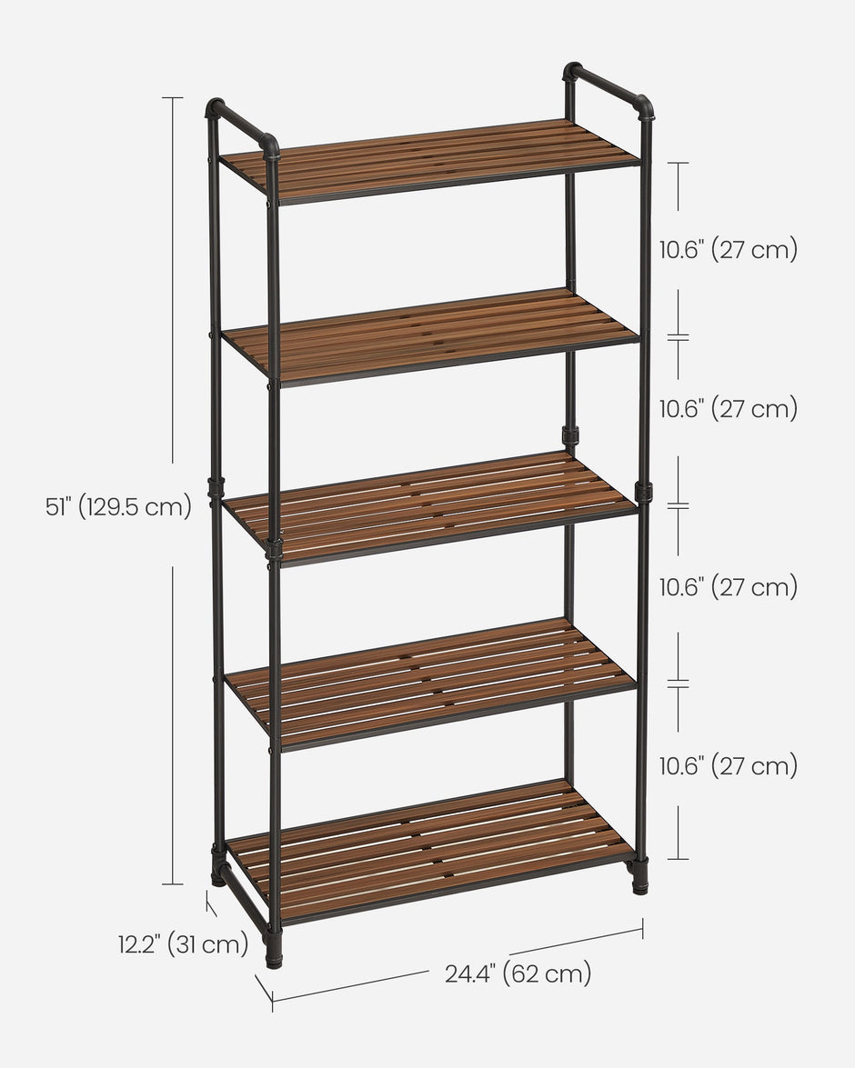 5-Tier Storage Rack – Wood and Metal – Rustic Brown and Ink Black – Adjustable Shelves