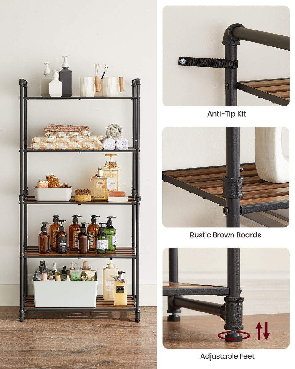 5-Tier Storage Rack – Wood and Metal – Rustic Brown and Ink Black – Adjustable Shelves