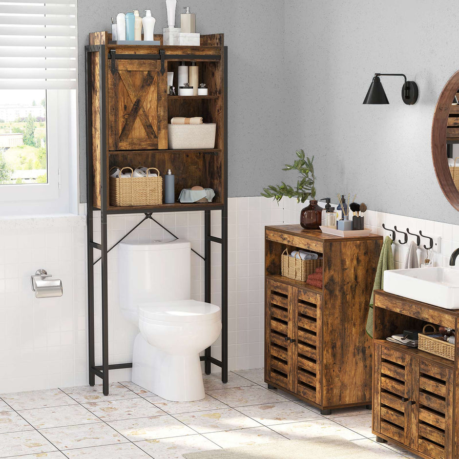 Bathroom Organizer Rack – Steel – Rustic Brown and Black – Over-the-Toilet Storage with Small Cabinet