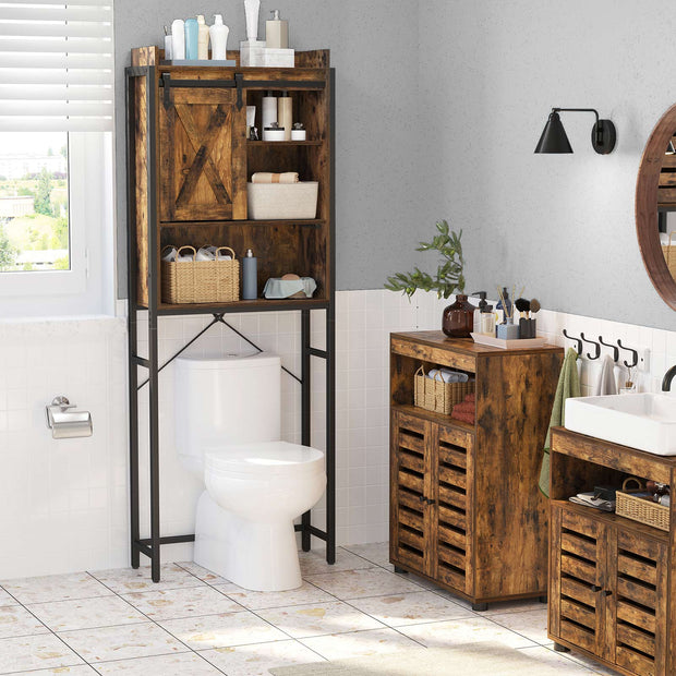 Bathroom Organizer Rack – Steel – Rustic Brown and Black – Over-the-Toilet Storage with Small Cabinet