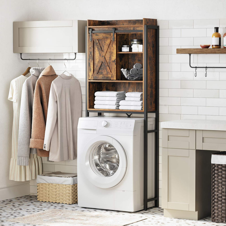 Bathroom Organizer Rack – Steel – Rustic Brown and Black – Over-the-Toilet Storage with Small Cabinet