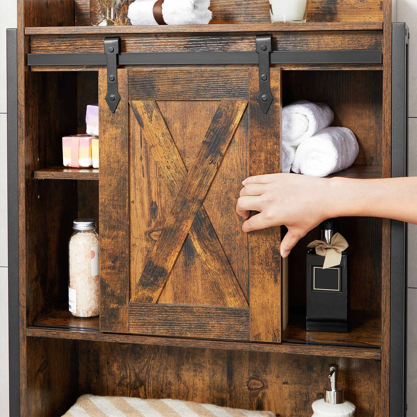 Bathroom Organizer Rack – Steel – Rustic Brown and Black – Over-the-Toilet Storage with Small Cabinet