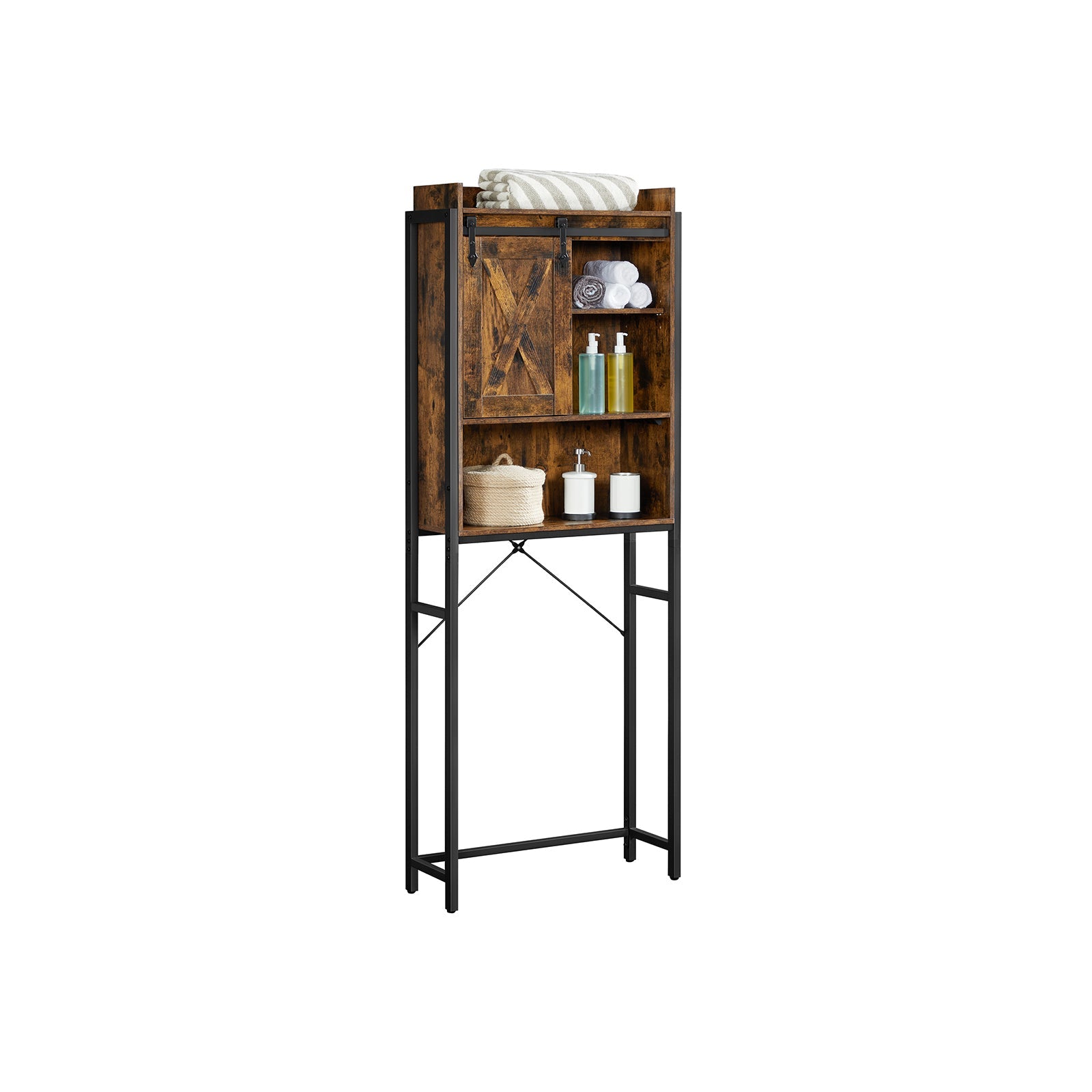 Bathroom Organizer Rack – Steel – Rustic Brown and Black – Over-the-Toilet Storage with Small Cabinet