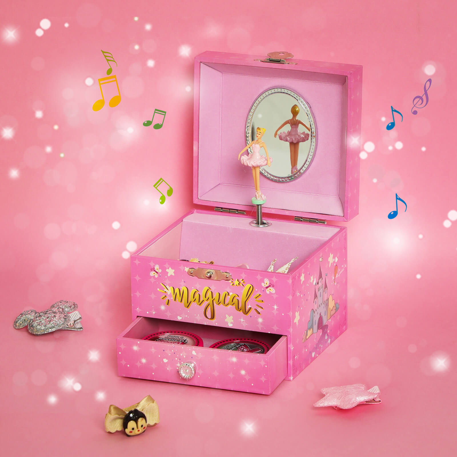 Musical Jewellery Box – Wood – Pink – Unicorn Theme with Pullout Drawer